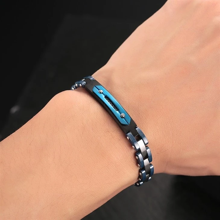 Brushed Blue Plated Zircon Chain Bracelet For Men price Brushed Blue Plated Zircon Chain Bracelet For Men price