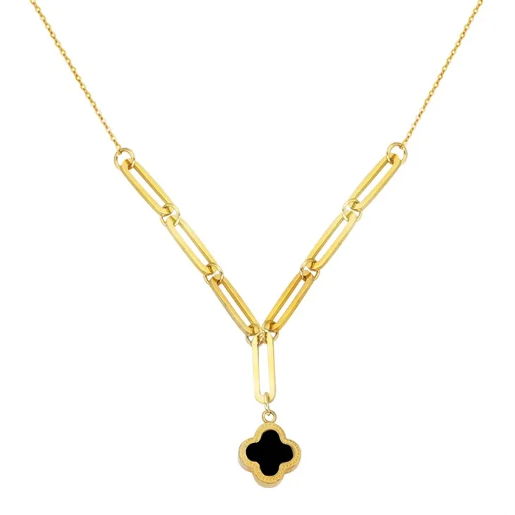 Gold Elongated Link Necklace With Black Clover Pendant Gold Elongated Link Necklace With Black Clover Pendant