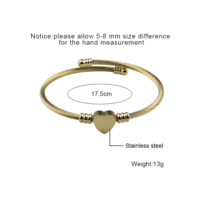 Heart Accent Cable Wire Bangle Bracelet size detail Heart Accent Cable Wire Bangle Bracelet size detail