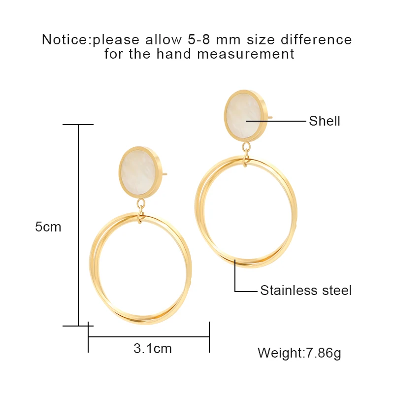 Gold Shell Pendant Double Hoop Earrings size detail Gold Shell Pendant Double Hoop Earrings size detail