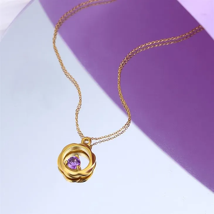 PVD Gold Wreath Pendant Necklace With Purple Zircon suppliers PVD Gold Wreath Pendant Necklace With Purple Zircon suppliers
